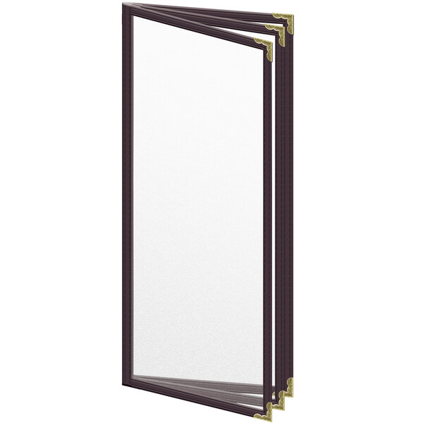 A white board with a black frame and gold decorative corners with a window for menu inserts.