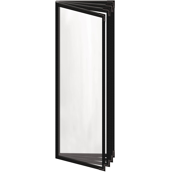A black rectangular menu cover with a glossy finish and black smooth corners.