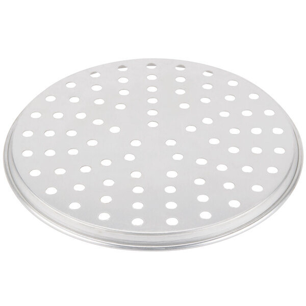 An American Metalcraft aluminum pizza pan with holes.