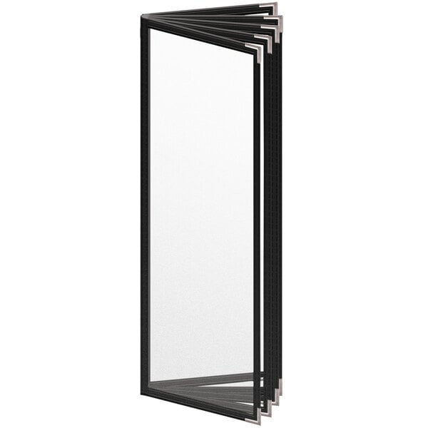 A black rectangular H. Risch, Inc. menu cover with white stitching and silver corners on a white background.