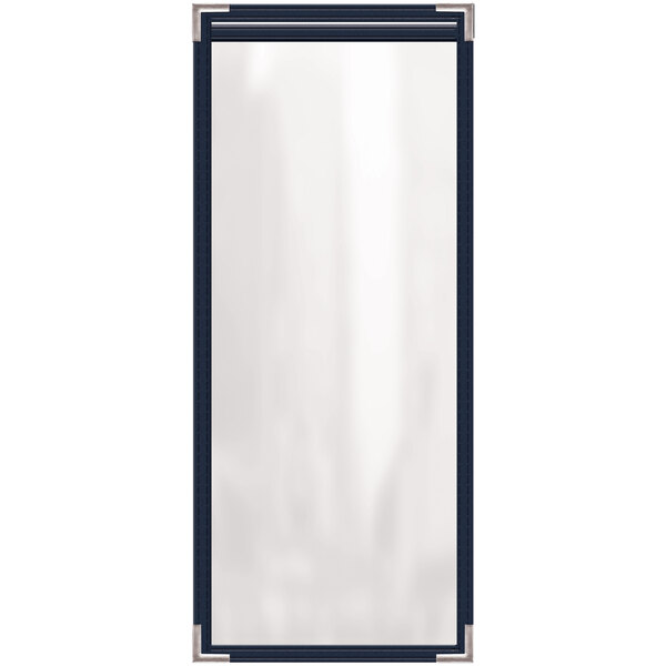 A white rectangular menu cover with black trim.