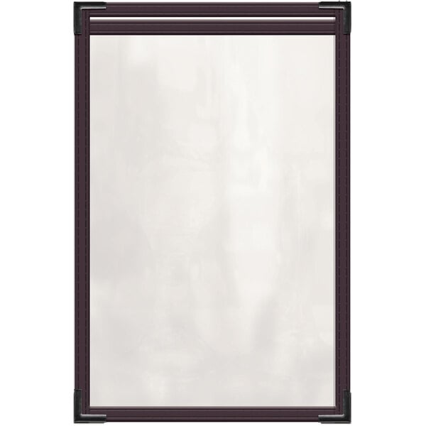 A white menu with a brown border and black corners.