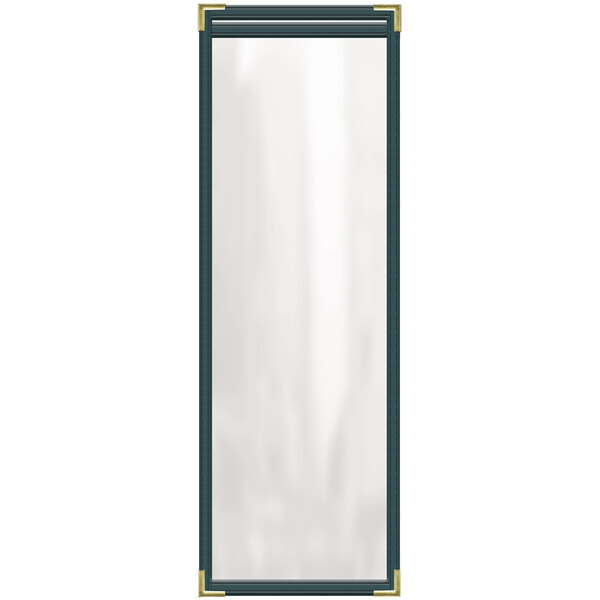 A white rectangular menu cover with black lines and gold corners.