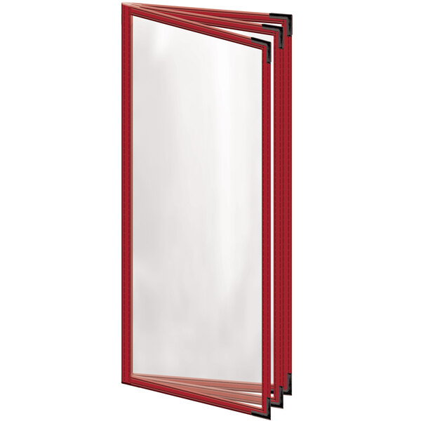 A red rectangular vinyl menu cover with black and white corners and a rectangular window.