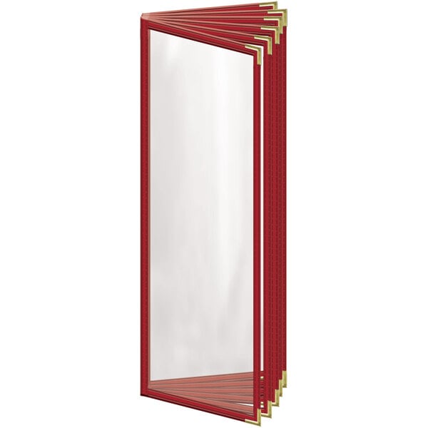 A red rectangular menu cover with gold trim and corners.
