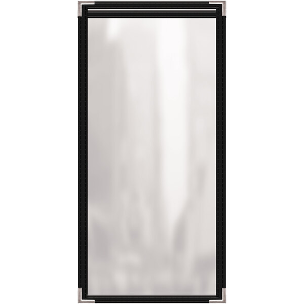 A rectangular black vinyl menu cover with silver smooth corners and a glossy finish.