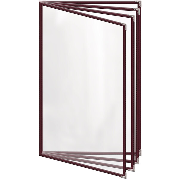 A group of H. Risch, Inc. maroon menu covers with silver decorative corners.