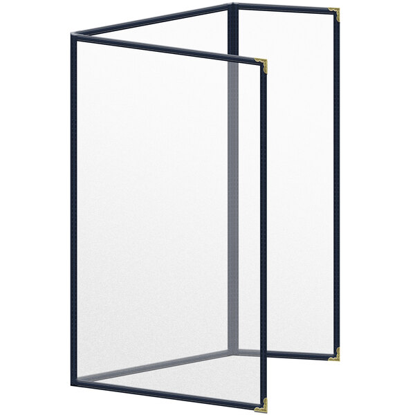 A white rectangular menu cover with a black border and gold decorative corners.