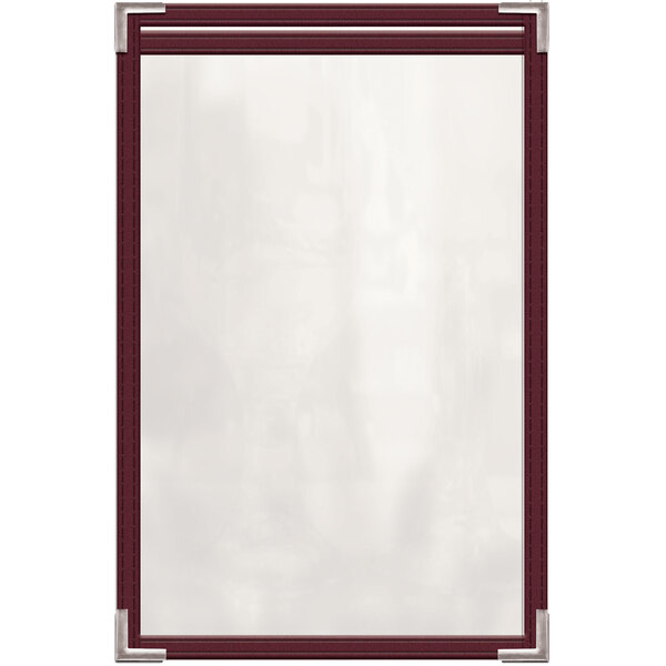 A maroon vinyl menu cover with a red leather strip and black stitching.