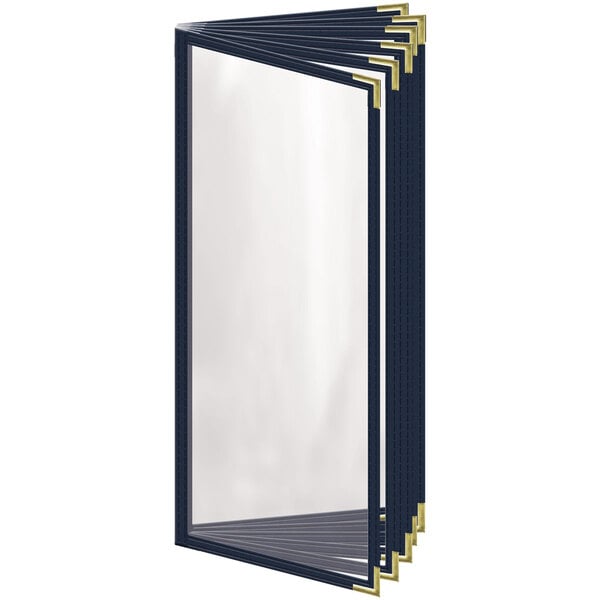 A close up of a blue and gold H. Risch, Inc. menu cover with smooth corners.