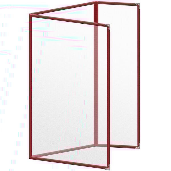 A white rectangular menu cover with a red frame and silver corners.