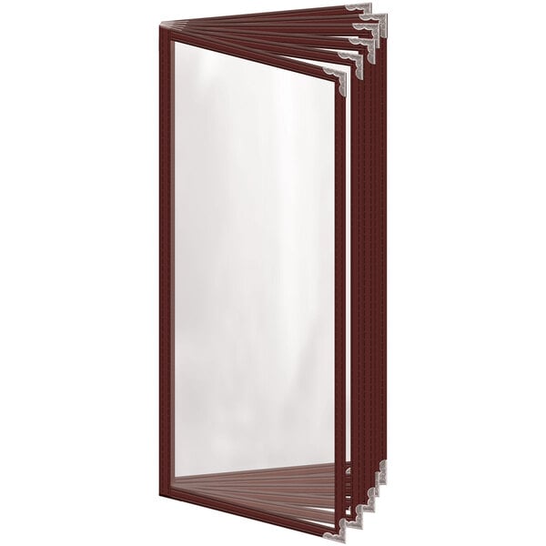 A maroon rectangular vinyl menu cover with silver decorative corners and a gloss finish.