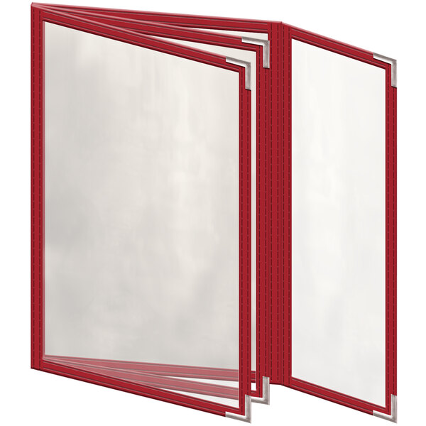 A red rectangular menu cover with white pages.