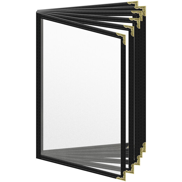 A black H. Risch, Inc. menu cover with gold corners and a matte finish with black and white menus inside.