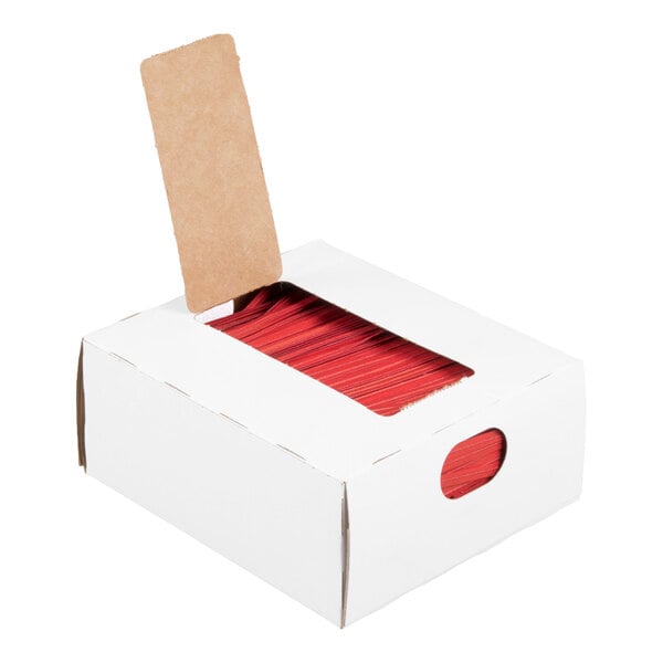 A white cardboard box with an open top revealing a stack of red twist ties inside.