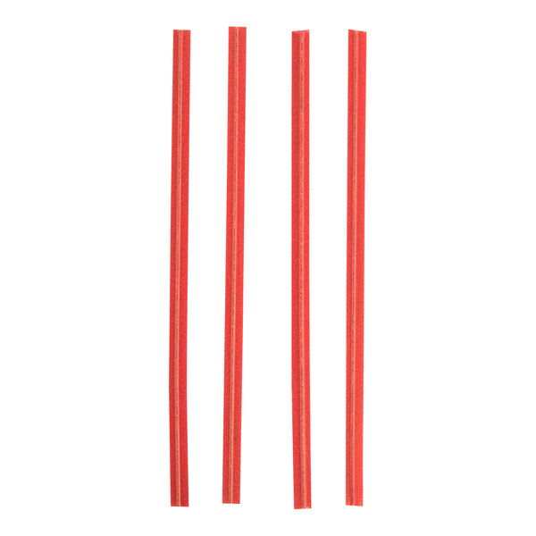 Four red twist ties with a laminated appearance are arranged vertically on a white background.