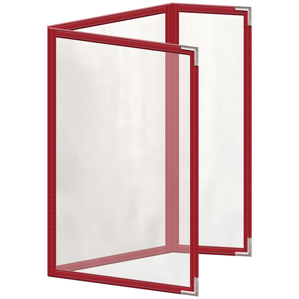 A red menu cover with silver corners and glossy finish.