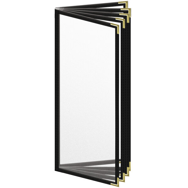 A white rectangular menu cover with black and gold borders.