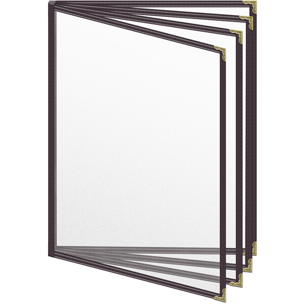 A group of brown H. Risch, Inc. TEDD menu covers with gold corners.