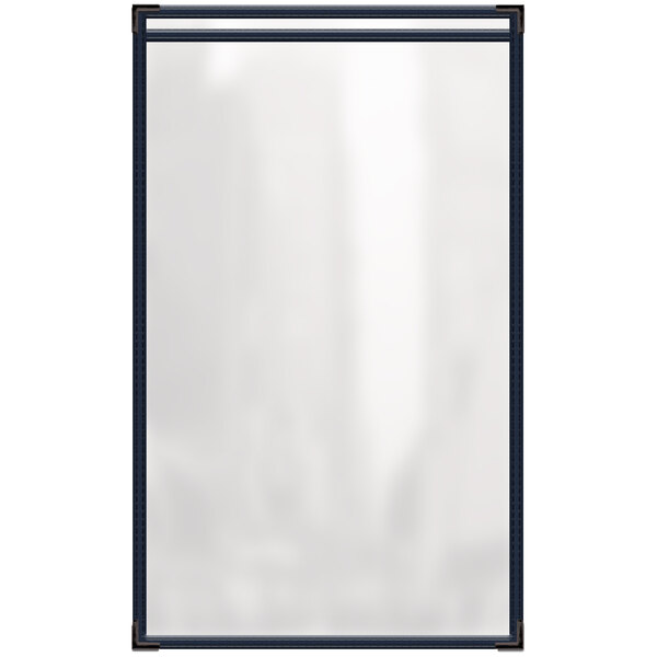 A white rectangular menu cover with a blue border and black corners.
