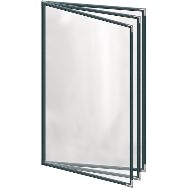 A white rectangular vinyl menu cover with silver corners and black border.