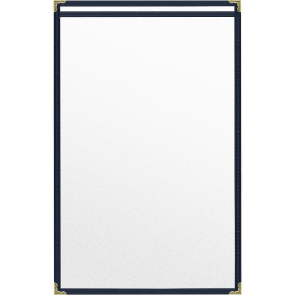 A white rectangular menu cover with blue and gold trim.