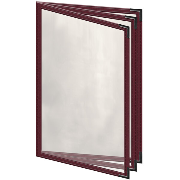 A maroon H. Risch menu cover with clear sleeves and black corners.