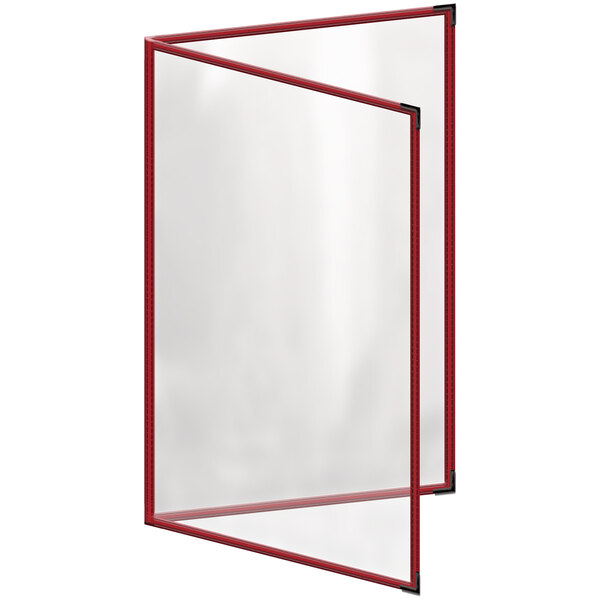 A red rectangular menu cover with black corners and a gloss finish with a transparent sign inside.