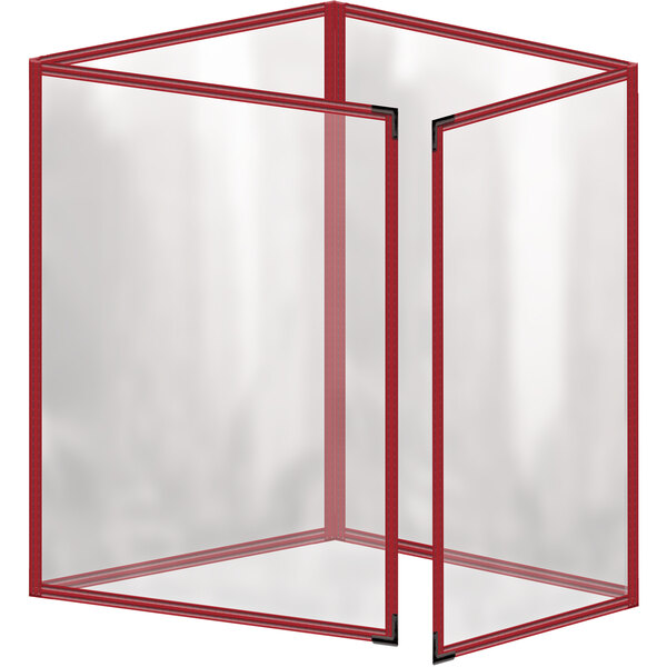 A transparent box with red trim holding a menu with black corners.