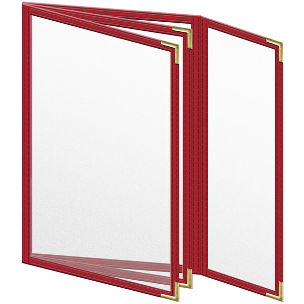 A group of red H. Risch, Inc. TETBQ Deluxe Sewn vinyl menu covers with gold corners.