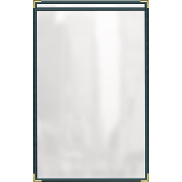 A white rectangular menu cover with a gold border and black corners on a white background.