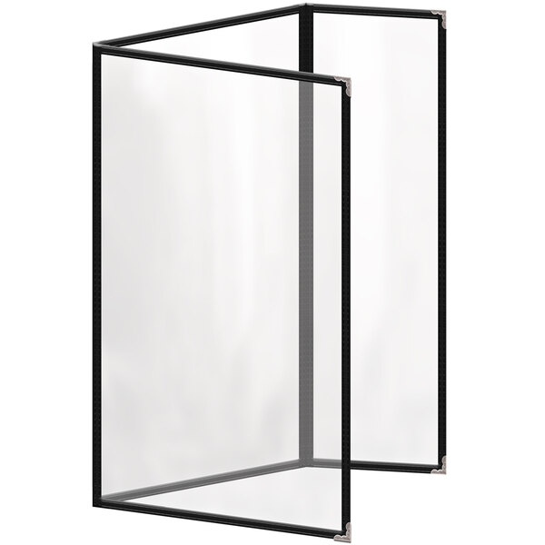 A white rectangular menu cover with black decorative corners and a glossy finish.