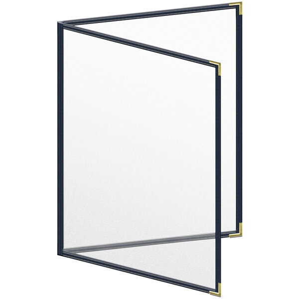 A white menu board with gold corners.