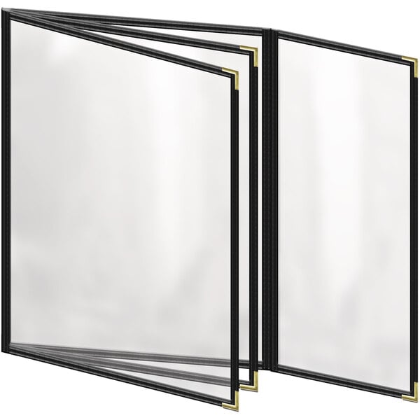 A black H. Risch, Inc. menu cover with gold corners and trim and a white cover sheet.