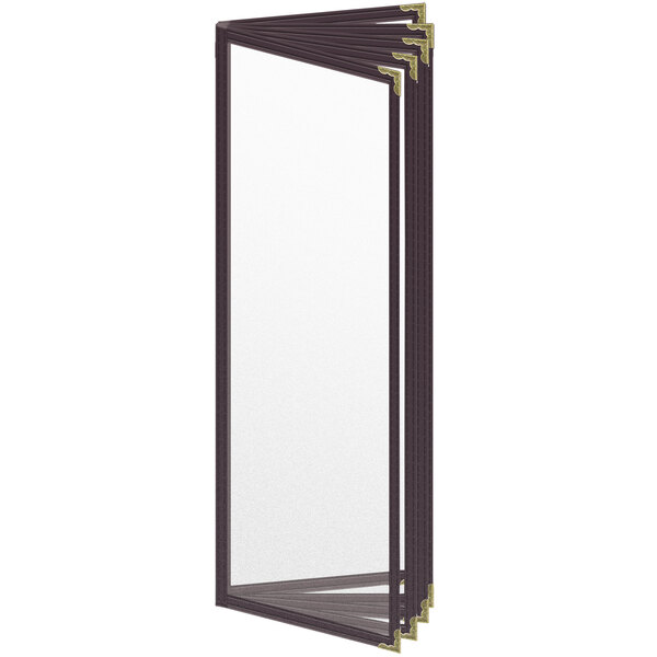 A white rectangular menu cover with black and gold corners and a window with a black border.