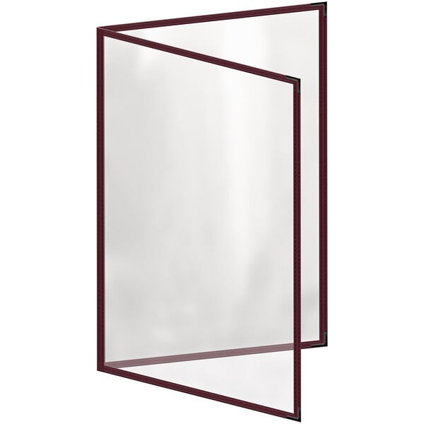 A maroon menu cover with black smooth corners and a gloss finish.