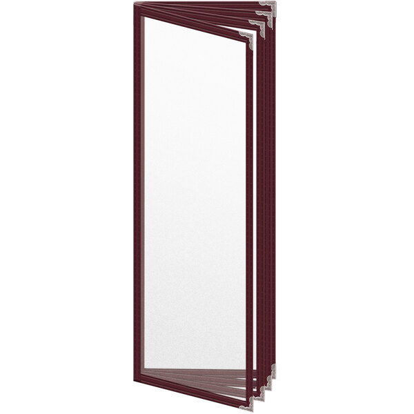 A rectangular maroon menu cover with a white background and silver corners.