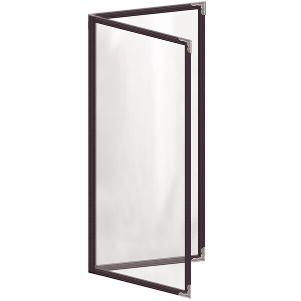 A rectangular brown menu cover with silver decorative corners and a gloss finish.