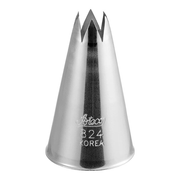 A silver metal Ateco open star piping tip with a black top.
