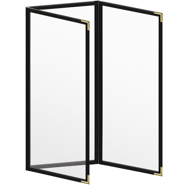 A black rectangular menu cover with gold smooth corners and black lines.