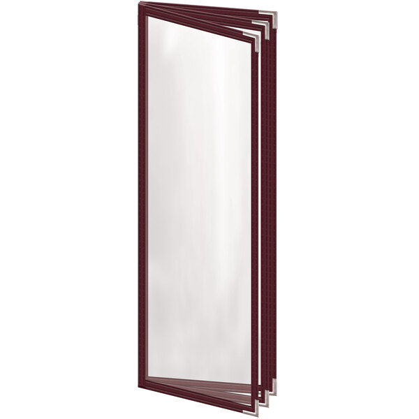 A maroon rectangular vinyl menu cover with silver smooth corners and a gloss finish.