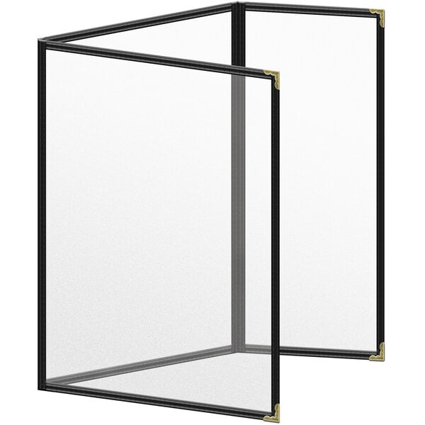 A black rectangular menu cover with gold decorative corners.