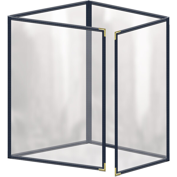A white rectangular vinyl menu cover with a black border and gold smooth corners with a glass door.
