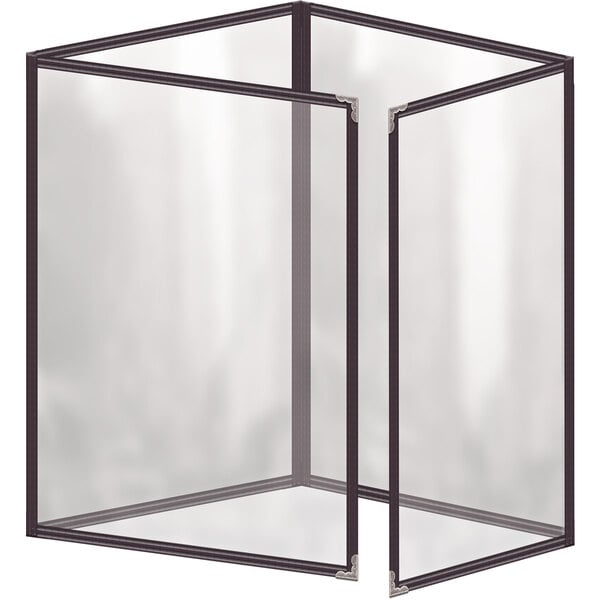 A brown rectangular H. Risch, Inc. vinyl menu cover with silver corners and a gloss finish with 8 view inserts.