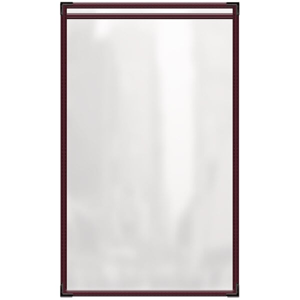 A maroon rectangular vinyl menu cover with black edges.