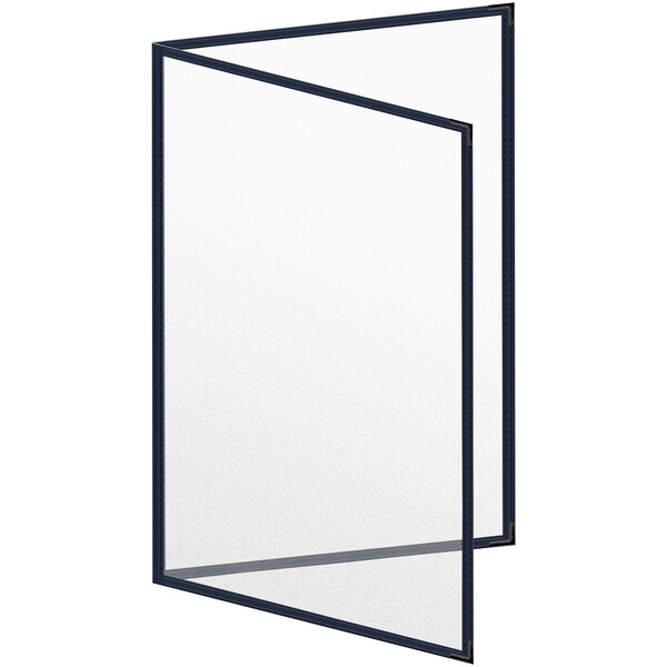 A blue menu cover with a black border and black corners.