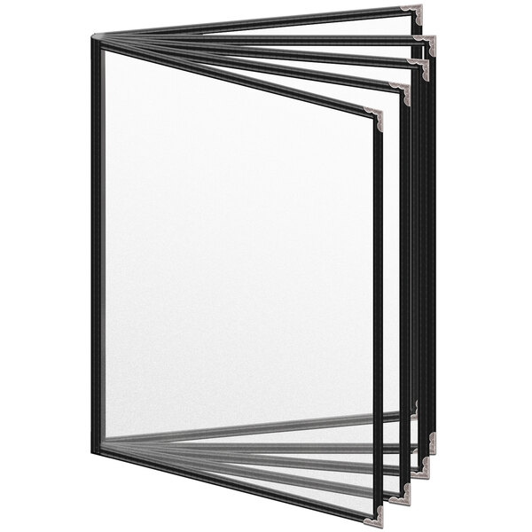 A stack of black H. Risch, Inc. vinyl menu covers with silver corners on a white background.