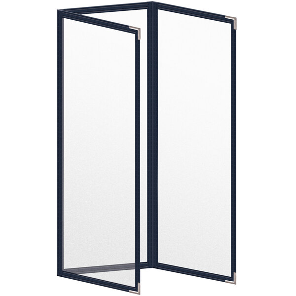 A blue rectangular menu cover with black corners and a matte finish.