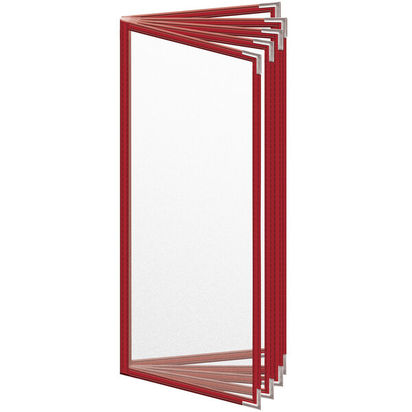 A red and white H. Risch, Inc. deluxe sewn vinyl menu cover with silver smooth corners.
