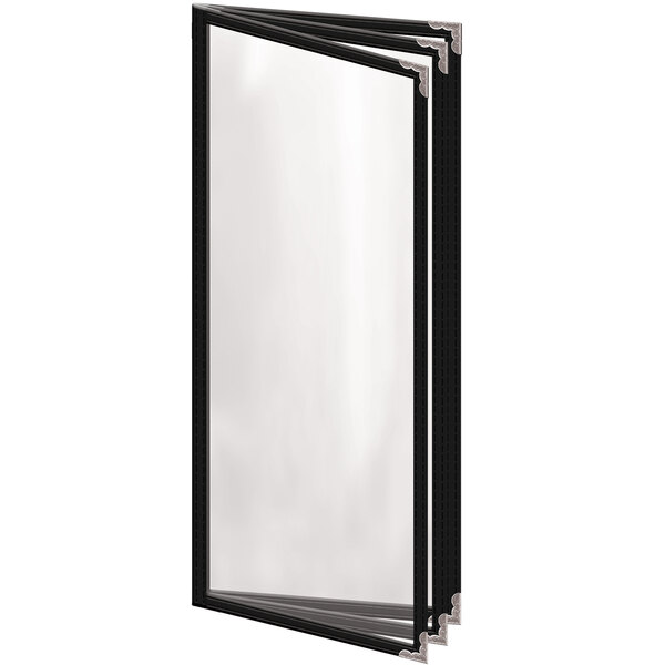 A black rectangular H. Risch, Inc. menu cover with silver corners and a gloss finish.